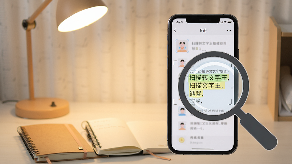 一张展示“扫描转文字王”使用技巧的图片,画面中手机屏幕显示识别结果页面,旁边有放大镜图标指向文字区域,背景是整洁的书桌,桌面上有一盏台灯和几本笔记本,风格温馨实用,细节上体现手机屏幕中文字被高亮选中,画质清晰,干净,无多余元素
