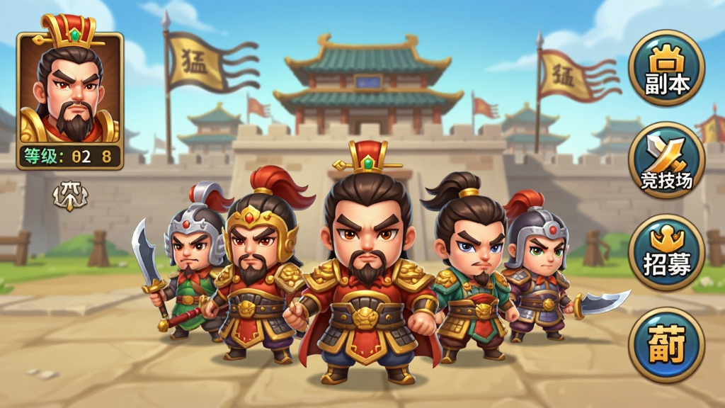 一张展示猛将勇士游戏主界面的预览图,画面中央是Q版三国武将列队站立的场景,左侧为主公头像与等级信息,右侧排列着副本、竞技场、招募等功能的圆形图标按钮,背景为古代城池与飘扬的旗帜,整体风格为卡通渲染,色彩明亮,画质清晰,画面干净无多余元素