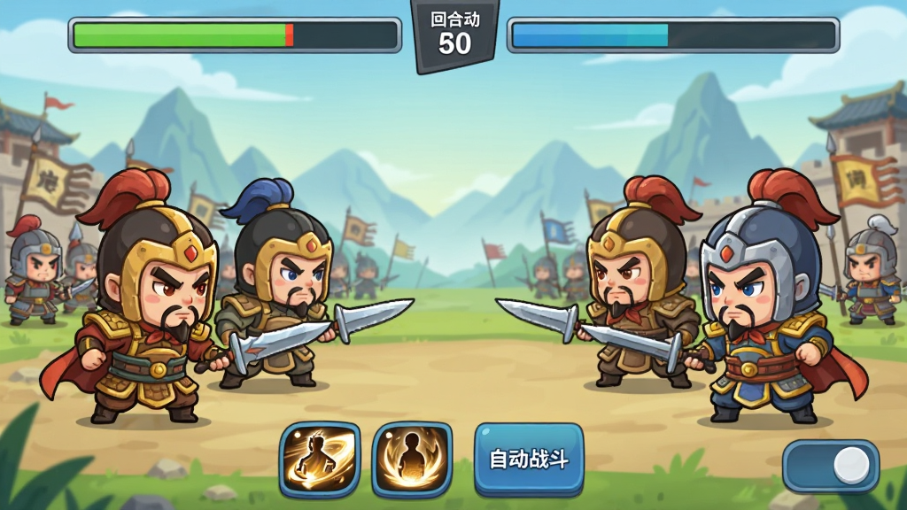 猛将勇士战斗场景预览图,画面中双方Q版武将分列左右两侧进行回合制对战,屏幕上方显示行动条与回合数,下方有技能释放按钮与自动战斗开关,背景为古代战场与远山,风格卡通,画质清晰,画面干净无多余元素