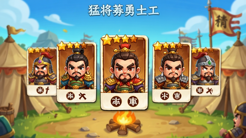 猛将勇士武将招募界面预览图,画面中展示多个Q版三国武将卡牌悬浮排列,卡牌上方有星级标识,下方有阵营图标,背景为古代军营帐篷与篝火,整体风格卡通明快,画质清晰干净