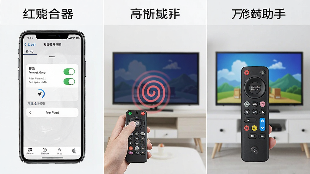 一张展示遥控器万能助手新手操作步骤的示意图,画面分为三个部分,左侧是手机设置中开启红外权限的界面,中间是手机对准电视的配对场景,右侧是遥控器万能助手成功控制电视的画面,布局为三格并列,排版清晰,风格为教程图解风,细节包括权限开关、红外波纹、电视画面,画质高清,干净,无多余元素