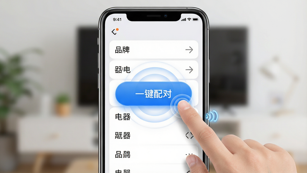 一张展示遥控器万能助手一键配对功能的界面图,画面中央是手机屏幕,屏幕上显示着“一键配对”按钮和电器品牌选择列表,按钮周围有手指点击的动画效果,布局为手机居中,按钮突出,排版简洁,风格为现代UI设计,细节包括按钮光影、列表文字、点击波纹,画质高清,干净,无多余元素