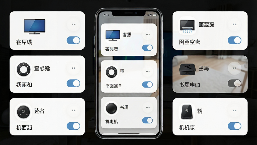 一张展示遥控器万能助手多设备管理界面的示意图,画面中央是手机屏幕,屏幕上显示着多个设备卡片,如客厅电视、卧室空调、书房机顶盒等,卡片排列整齐,布局为手机居中,卡片环绕,排版清晰,风格为卡片式UI设计,细节包括设备图标、标签文字、切换按钮,画质高清,干净,无多余元素