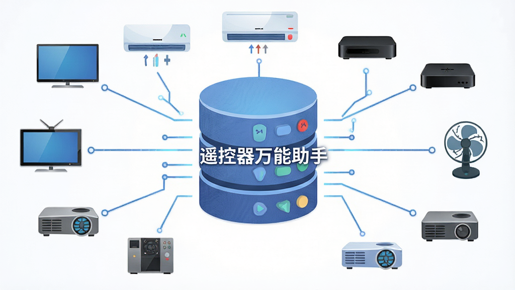 一张展示遥控器万能助手海量码库的示意图,画面主体是一个巨大的数据库图标,周围环绕着各种电器图标,如电视、空调、机顶盒、风扇、投影仪等,布局为数据库居中,电器图标呈放射状排列,排版整齐,风格为扁平化科技风,细节包括数据库纹理、电器图标细节、连接线条,画质高清,干净,无多余元素,图片中打文字“遥控器万能助手”