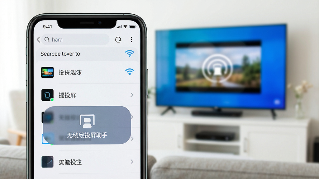 一张展示无线投屏助手一键投屏功能的图片,主体是手机屏幕上的投屏按钮特写,背景是客厅环境中的智能电视,布局以手机为中心,电视为背景虚化,排版突出按钮的醒目位置,风格为明亮清新的家居科技风格,细节包括手机屏幕上显示已搜索到的设备列表、WiFi信号图标、投屏成功后的画面同步效果,画质高清,干净,无多余元素