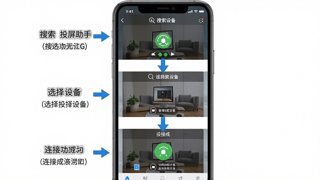 一张展示无线投屏助手操作步骤的图片,主体是手机屏幕上的投屏连接过程截图,布局为从上到下依次显示搜索设备、选择设备、连接成功三个步骤,排版清晰,风格为教程图解风格,细节包括每一步的界面截图、箭头指示、文字说明,画质高清,干净,无多余元素