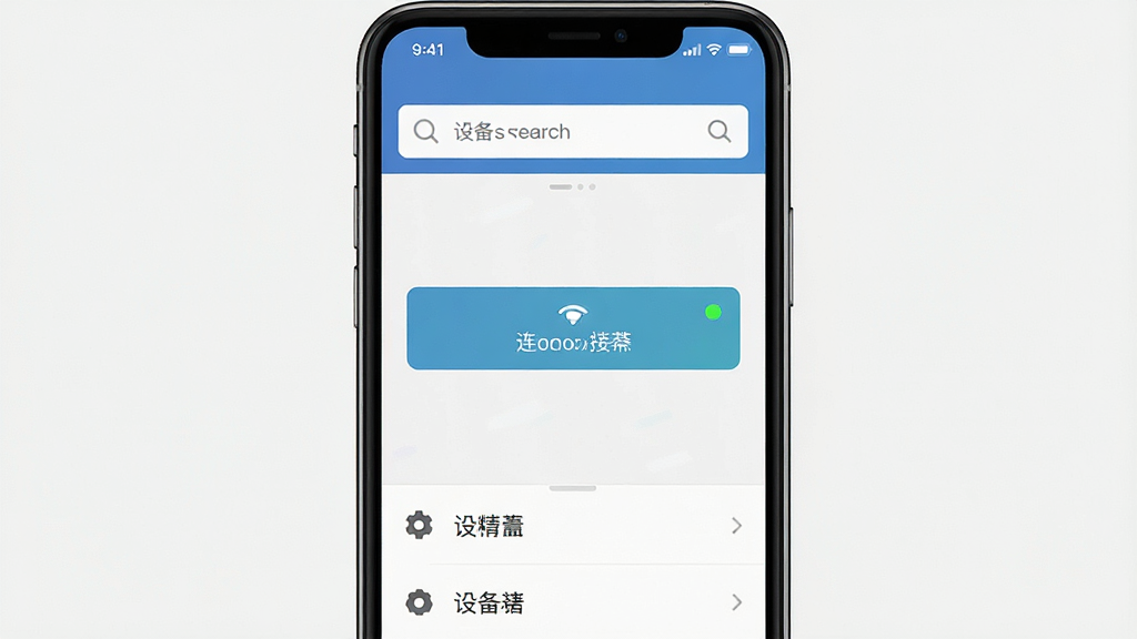 一张展示无线投屏助手软件界面的图片,主体是手机屏幕上的软件主界面,布局为顶部设备搜索栏、中部连接按钮、底部设置选项,排版简洁明了,风格为扁平化设计风格,细节包括界面上的图标、文字标签、连接状态指示灯,画质高清,干净,无多余元素