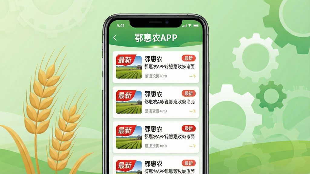 鄂惠农APP惠农政策页面展示图,画面以手机屏幕为主体,屏幕内显示“鄂惠农APP”的政策资讯列表,每一条资讯带有醒目的红色“最新”标签,背景为浅绿色渐变,点缀有麦穗与齿轮结合的抽象图案,象征政策与农业的融合,排版采用上下滚动式布局,风格简洁商务,画质清晰,无杂乱元素。