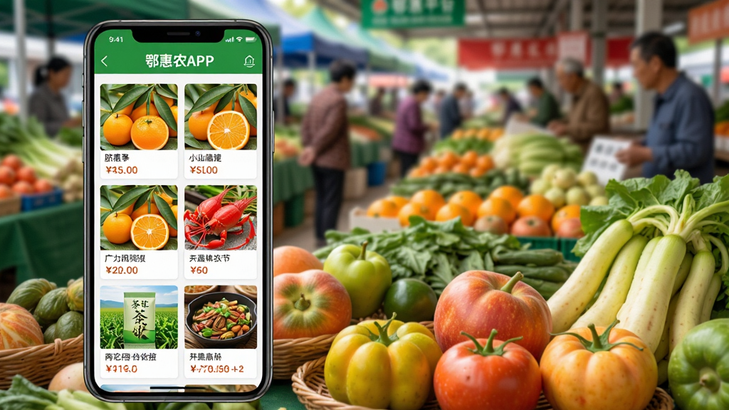 鄂惠农APP产销对接平台界面,画面中一部手机显示“鄂惠农APP”的农产品列表,包含脐橙、小龙虾、茶叶等湖北特色农产品图片与价格信息,手机旁边摆放着新鲜采摘的果蔬,背景为热闹的农贸市场虚化场景,构图饱满,风格活泼生动,画质明亮,无多余元素。