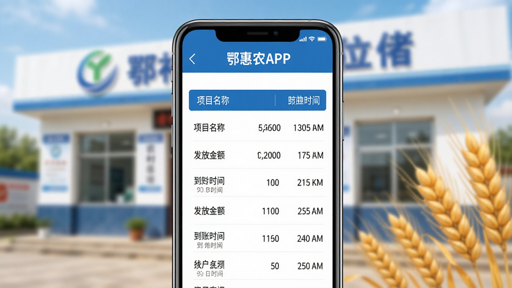 鄂惠农APP补贴查询功能界面,手机屏幕中央显示“鄂惠农APP”的补贴查询结果页面,包含补贴项目名称、发放金额、到账时间等条目,界面配色以蓝色和白色为主,显得专业可靠,背景为虚化的农村信用社建筑与金色麦穗,布局清晰,画质干净,无干扰元素。