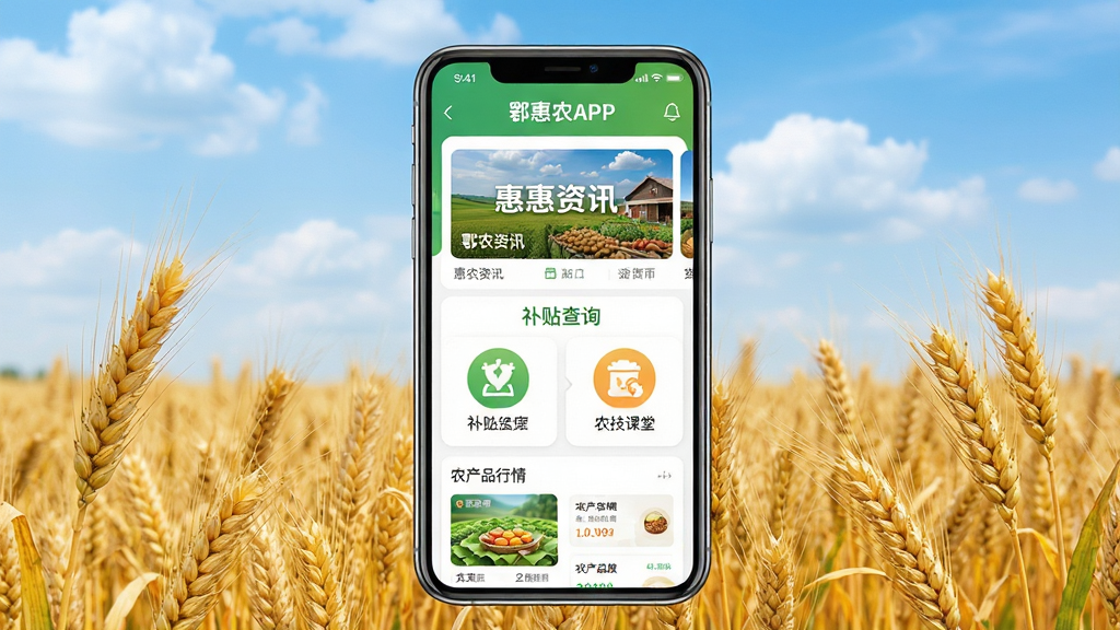 鄂惠农APP主界面预览图,画面中央展示一部智能手机,手机屏幕上清晰呈现“鄂惠农APP”的首页布局,包含惠农资讯轮播图、补贴查询入口、农技课堂图标及农产品行情模块,背景为金黄色的麦田与蓝天白云,整体风格清新自然、贴近农业主题,构图采用居中对称排版,细节上突出图标圆润、文字清晰,画质干净明亮,无多余元素。