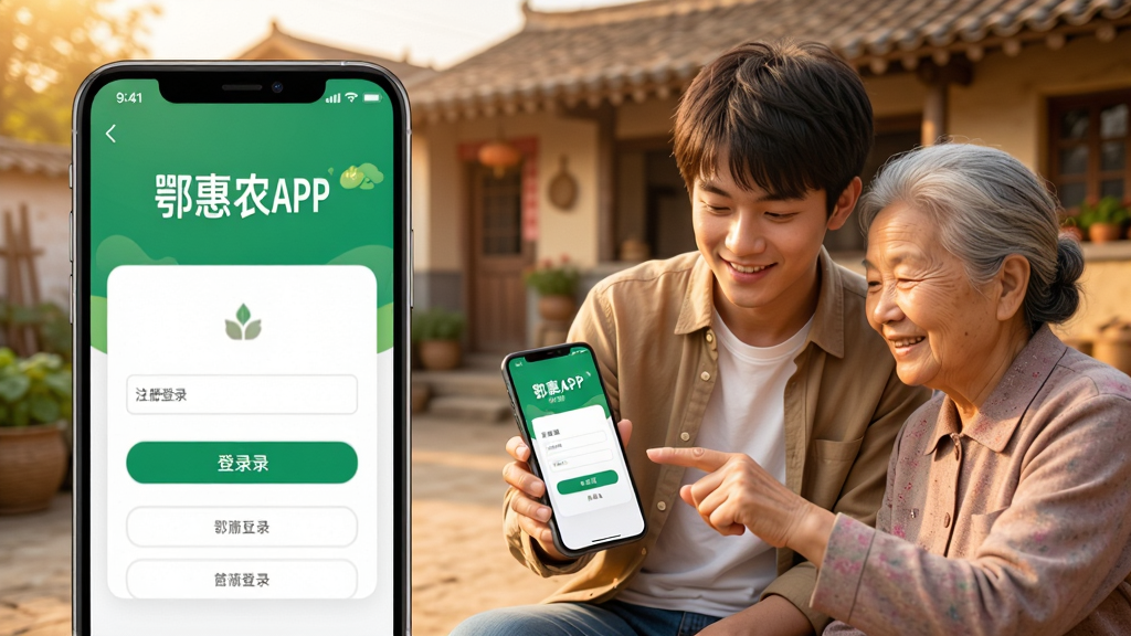 鄂惠农APP新手操作指引示意图,画面展示一部手机屏幕中“鄂惠农APP”的注册登录页面,旁边有一位年轻人和一位老年人共同查看手机,背景为温馨的农家小院,构图采用左右布局,左侧为手机界面特写,右侧为人物互动场景,风格温暖亲切,画质清晰,无多余元素。