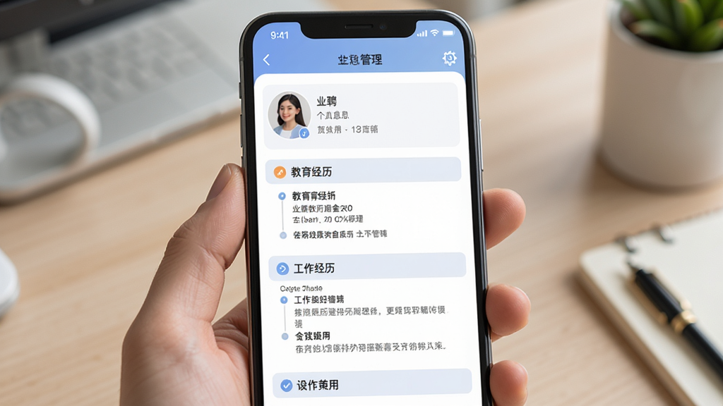 业聘APP简历管理页面展示,手机屏幕显示简历编辑界面,包含个人信息、教育经历、工作经历等模块,表单布局整齐,配色柔和,界面清爽易读,高清画质