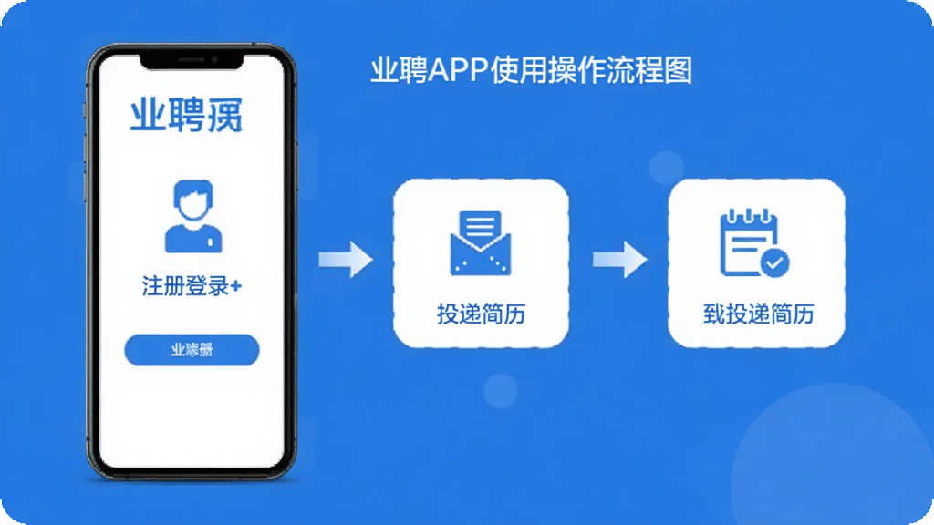 业聘APP使用操作流程图,手机屏幕展示从注册登录到投递简历的步骤示意,每个步骤配有小图标与简短文字,整体排版清晰,蓝白配色,扁平化设计风格,干净简洁