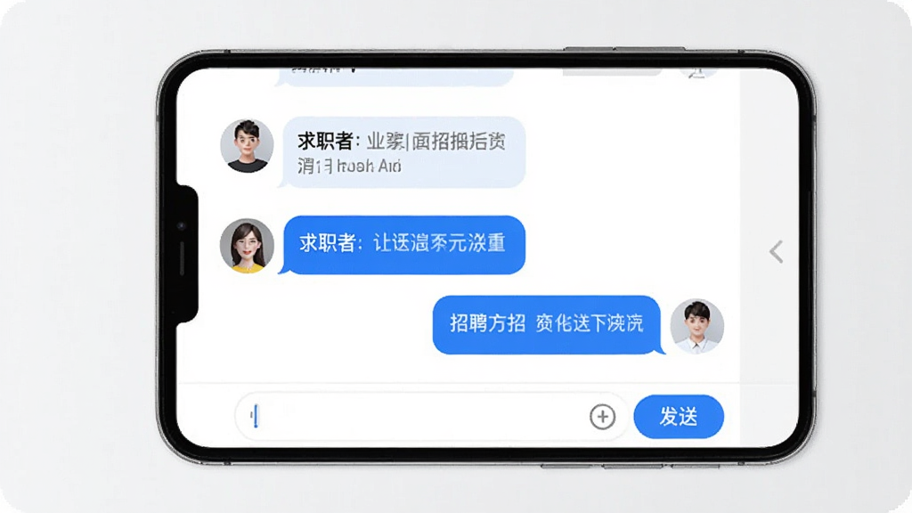 业聘APP在线沟通界面展示,手机屏幕显示聊天对话框,左侧为求职者消息,右侧为招聘方回复,聊天气泡清晰,底部有输入框和发送按钮,界面风格简约现代,蓝白配色,干净整洁