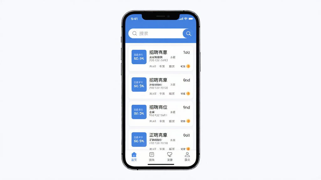 业聘APP主界面展示,手机屏幕中央显示招聘岗位列表,顶部有搜索栏,底部有导航菜单,整体布局简洁清晰,蓝色与白色为主色调,现代扁平化设计风格,界面干净无多余元素,高清画质