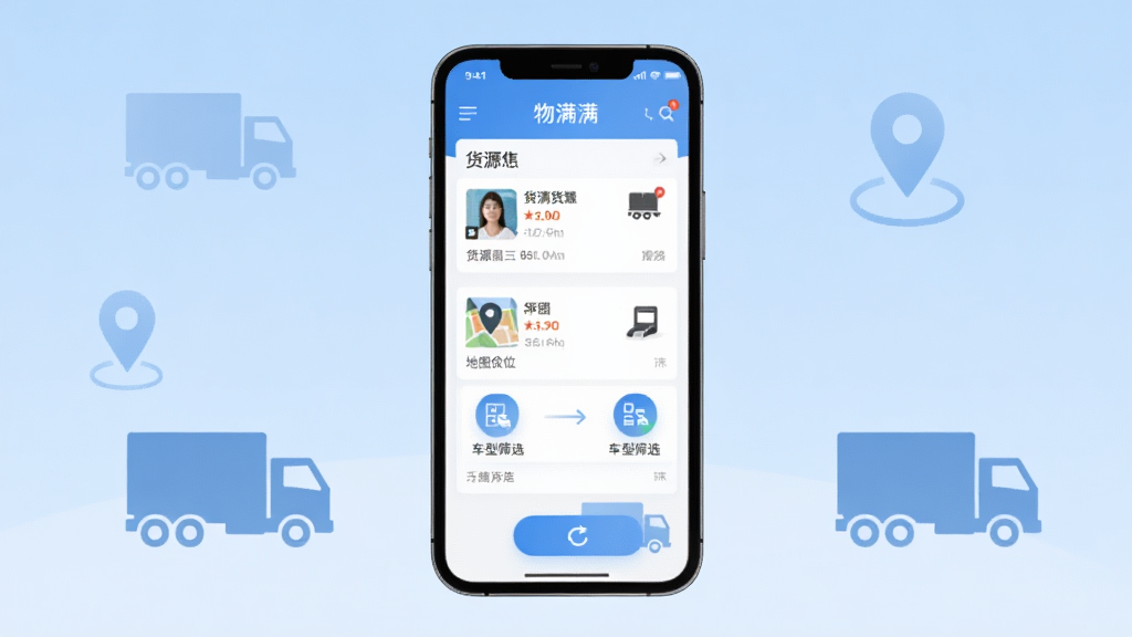 物满满软件功能全貌展示图,主体为一部智能手机屏幕中显示物满满应用主界面,界面内包含货源列表、地图定位、车型筛选图标,布局为居中放置手机,背景为浅蓝色渐变,风格为现代扁平化科技风,细节包含货运卡车剪影元素、定位图标、刷新按钮,画质清晰,干净,无多余元素