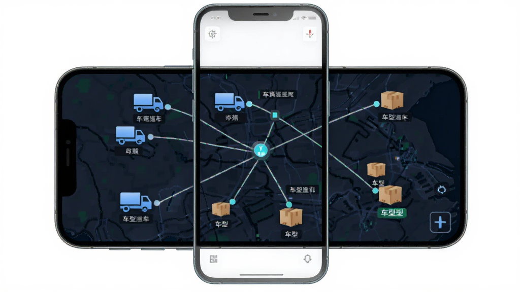 物满满智能车货匹配功能展示图,主体为手机屏幕中显示地图界面,地图上有多个货车图标和货物图标,布局为手机居中、地图铺满屏幕,风格为科技感深色地图风,细节包含匹配连线、距离显示、车型标签,画质清晰,干净,无多余元素