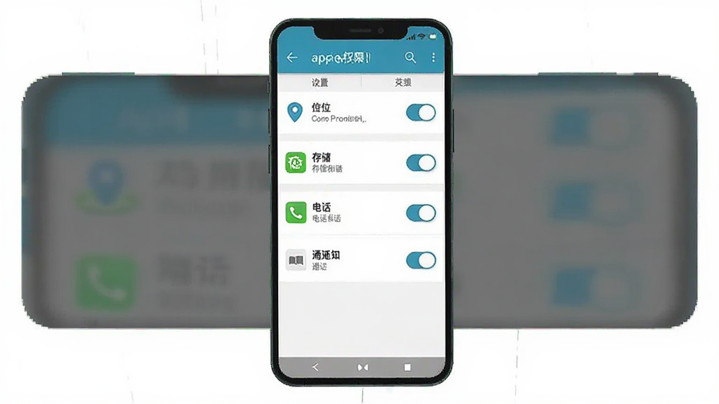 物满满安卓手机端安装权限设置界面示意图,主体为手机屏幕显示应用权限管理页面,布局为居中手机展示设置列表,风格为简洁扁平化UI风格,细节包含定位、存储、电话、通知权限开关图标,画质清晰,干净,无多余元素