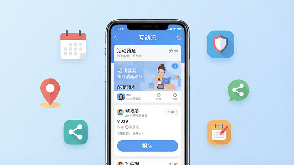 一张展示“互动吧”手机应用主界面的产品预览图,画面中央是一台竖屏智能手机,屏幕内清晰显示活动列表与报名按钮,背景为柔和的浅蓝色渐变,手机周围漂浮着日历、定位、分享、签到等扁平化图标,整体布局简洁对称,风格现代清爽,细节精致,4K画质,干净画面,无多余元素
