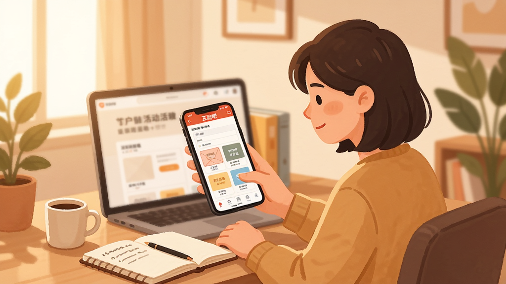 一位年轻活动主办人坐在书桌前使用“互动吧”APP创建活动页面的场景,手机屏幕显示活动表单与模板选项,桌面上有笔记本和咖啡杯,背景是温馨的居家办公环境,画面采用暖色调插画风格,构图居中,细节丰富,4K画质,干净画面,无多余元素
