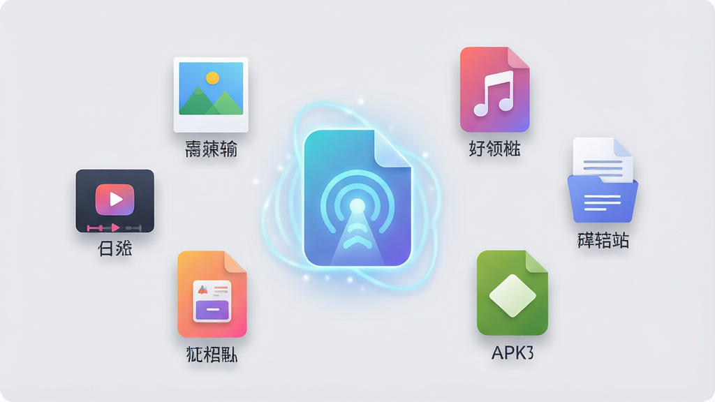 一幅展示多格式文件传输的概念图,画面中间是一个发光的「隔空传送」图标,周围漂浮着照片、视频、音乐、文档、APK等不同类型的文件图标,每个图标下方标注对应格式名称,背景为柔和的浅灰色,风格为简洁扁平化,细节包括图标的彩色渐变和轻微的阴影效果,画质高清,干净,无多余元素