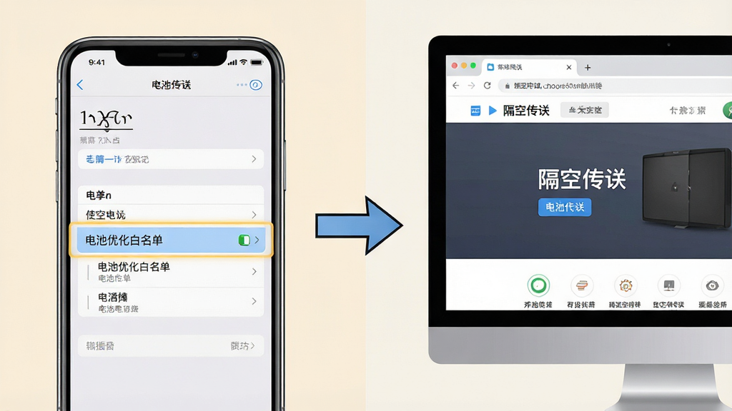 一张展示隔空传送使用技巧的示意图,画面分为左右两部分,左侧是手机屏幕显示设置界面,高亮标注「电池优化白名单」选项,右侧是电脑浏览器显示隔空传送网页版界面,中间用箭头连接,背景为浅色,风格为教程图解,细节包括界面元素的清晰标注和箭头指示,画质高清,干净,无多余元素