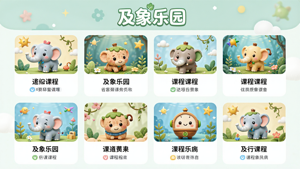 画面主体是及象乐园课程分类展示页面,布局采用网格排列方式,每个课程分类配有精美的图标和文字说明,风格清新明快,细节精致,画质高清,干净整洁,画面中带有