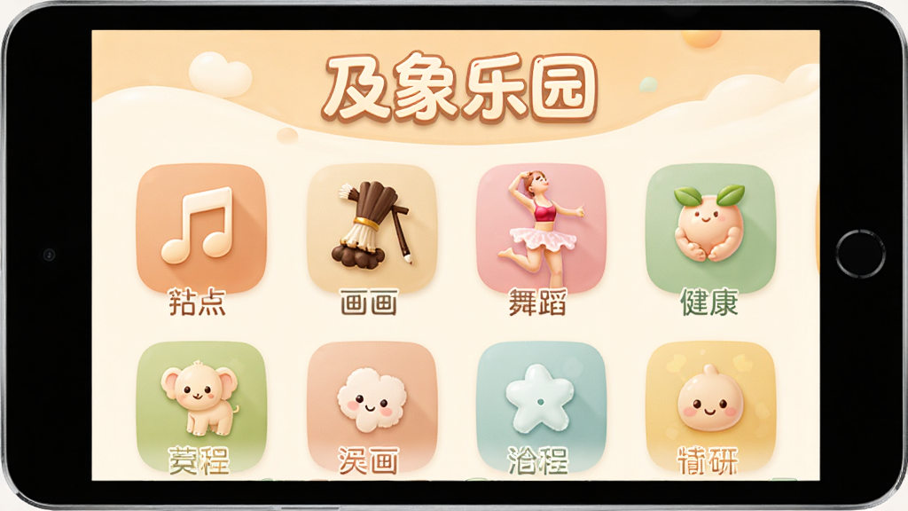 画面中央是及象乐园软件的主界面全貌,采用温暖明亮的暖色调设计,顶部展示软件名称