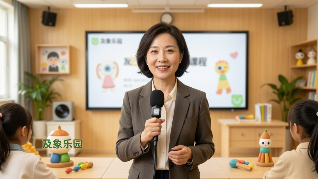 画面主体是一位和蔼的专业老师正在录制及象乐园在线课程,场景为明亮的录播教室,布局以人物和教学道具为中心,风格温暖专业,细节丰富,画质高清,画面中带有