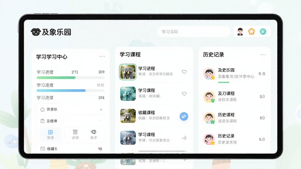 画面主体是及象乐园个人学习中心界面,展示学习进度条、收藏课程列表和历史记录,布局简洁直观,风格清爽舒适,细节丰富,画质高清,画面中带有