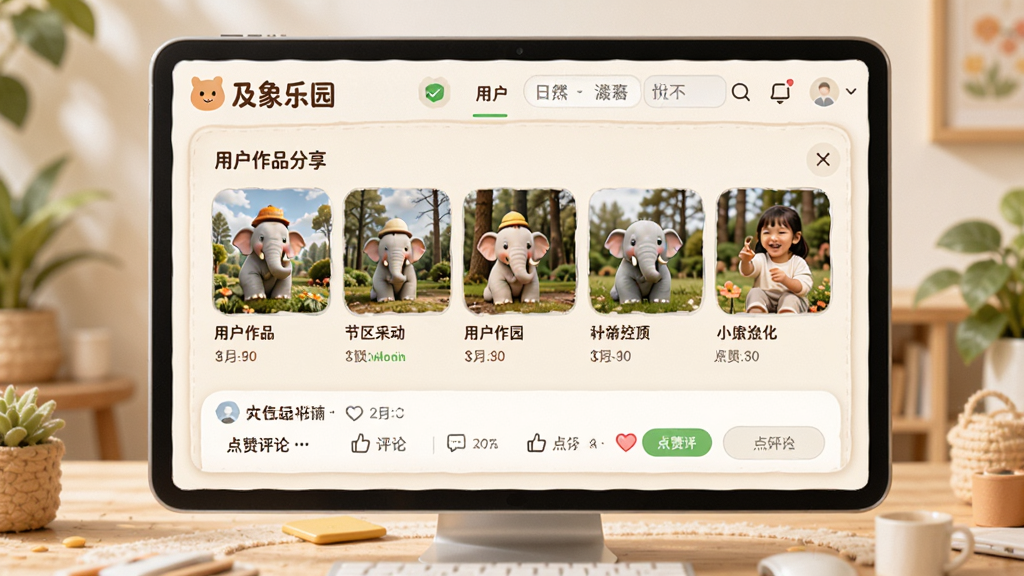 画面主体是及象乐园社区互动界面,展示用户作品分享和点赞评论区域,布局清晰有序,风格温馨活泼,细节精致,画质高清,画面中带有