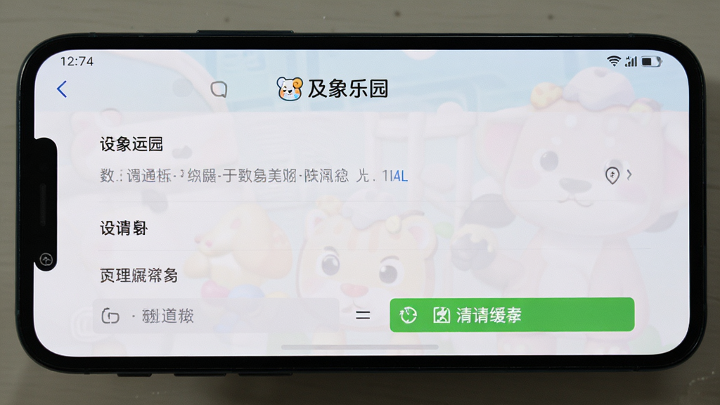 画面主体是智能手机屏幕上显示及象乐园的设置与清理缓存界面,布局以手机屏幕为中心,风格简洁实用,细节清晰,画质高清,画面中带有