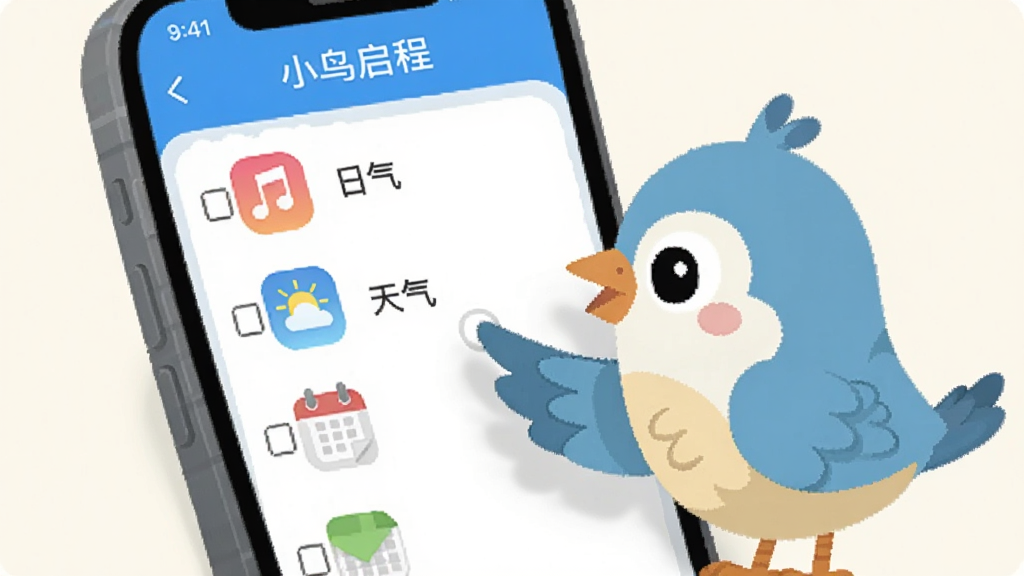 画面展示一只卡通小鸟用翅膀点击手机屏幕上的任务清单,清单上有音乐、天气、日历等图标,图标按顺序排列。手机屏幕显示“小鸟启程”任务编排界面。背景为柔和米白色,布局清晰,风格为扁平化插画,细节丰富,画质高清,干净整洁。