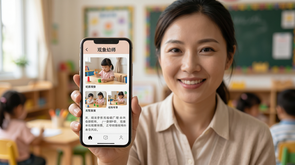 画面主体是一位幼师手持手机,屏幕上显示“观鱼幼师”的幼儿成长记录页面,页面中有孩子活动的照片和文字观察记录;布局为人物半身入镜,手机位于画面视觉中心;排版自然,背景为幼儿园教室的模糊场景;风格为温暖纪实风;细节上老师面带微笑,手机界面清晰,色调柔和;画质高清,干净,无多余元素