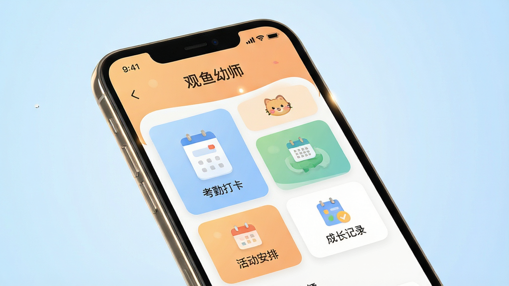 画面主体是一部智能手机,屏幕上显示“观鱼幼师”应用主界面,界面中包含考勤打卡、活动安排、成长记录等卡片式功能入口;布局采用居中构图,手机略微倾斜,背景为柔和的浅蓝色渐变;排版简洁,功能图标整齐排列;风格为现代扁平化UI展示风;细节上手机边缘有轻微高光,屏幕内文字清晰可辨,整体色调温馨;画质高清,干净,无多余元素