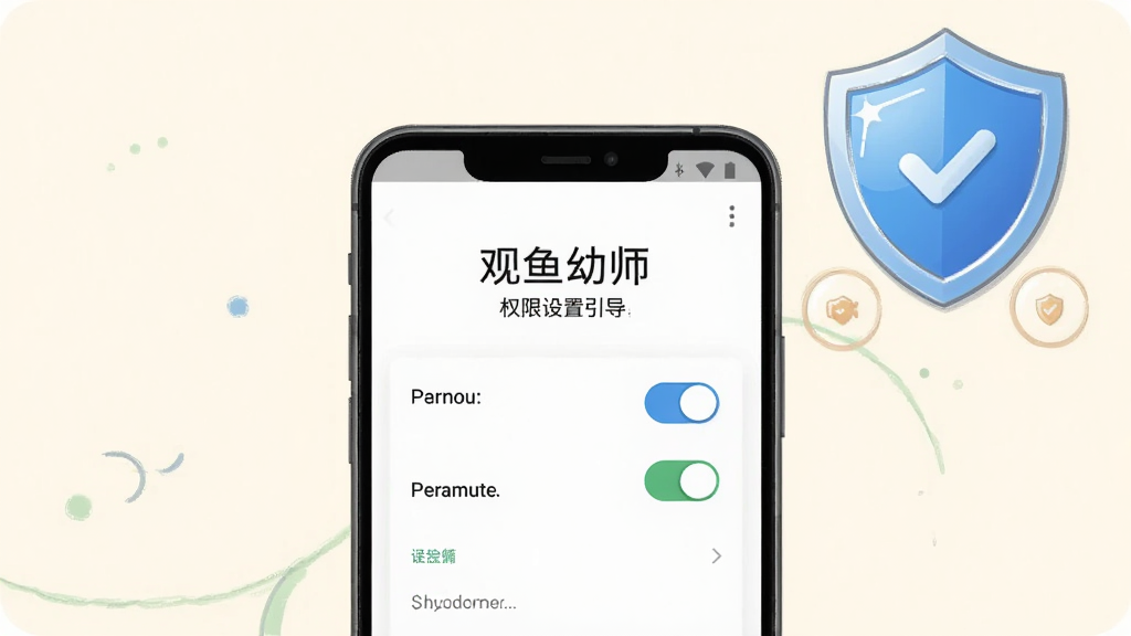 画面主体是一部安卓手机,屏幕上显示“观鱼幼师”的权限设置引导页面,旁边有一个盾牌图标表示安全提示;布局为手机居中,盾牌在右上角;排版简洁,背景为浅色;风格为安全提示插画风;细节上手机界面有权限开关按钮,盾牌有高光;画质高清,干净,无多余元素