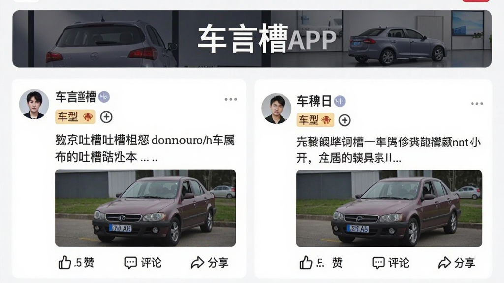 车言槽APP内真实车主发布吐槽内容的界面截图,画面展示一个车型讨论板块,顶部有车型名称横幅,下方是多个用户发布的吐槽帖子,每个帖子包含用户头像、昵称、车型标签、文字描述和配图,帖子下方有点赞、评论和分享按钮,整体布局为垂直列表,风格简洁清爽,背景白色,文字清晰可读,画质高清,干净无多余元素。