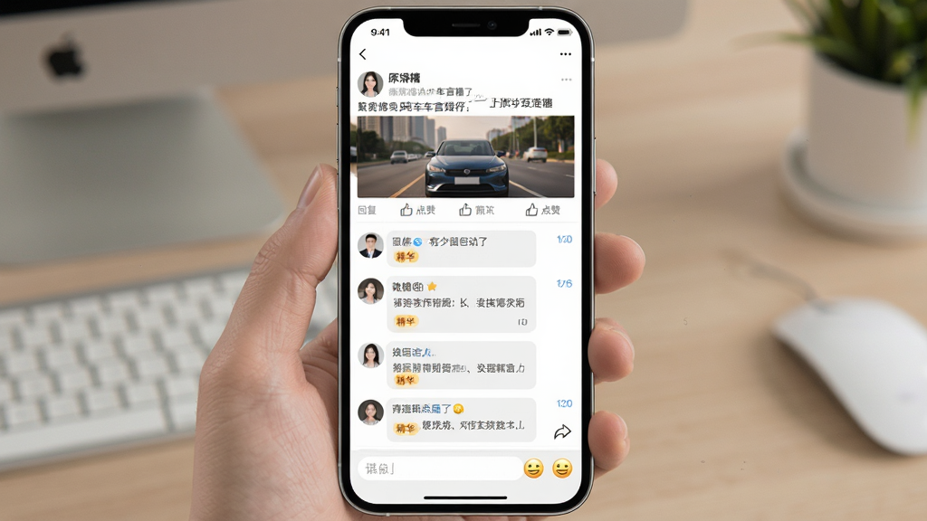 车言槽APP内用户互动交流场景的界面展示,画面中一部手机屏幕显示评论区页面,上方是原帖内容,下方是多个用户的评论回复,带有“回复”“点赞”按钮,部分评论带有“精华”标识,界面底部有输入框和表情按钮,整体布局为垂直滚动列表,风格为现代社交应用风格,色彩柔和,画质高清,干净无多余元素。