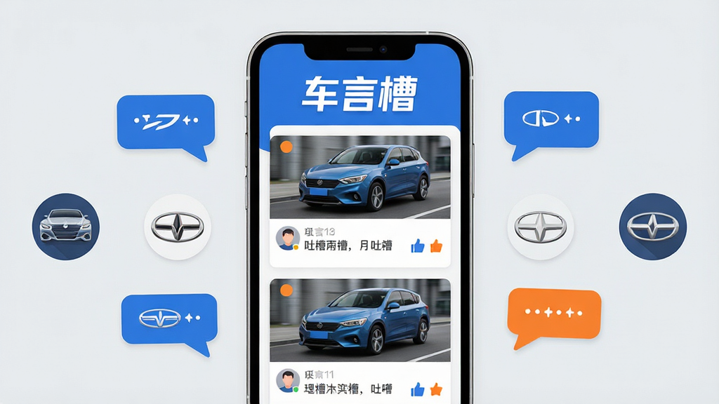 软件名为“车言槽”的移动应用界面展示图,画面中央是一部竖屏智能手机,手机屏幕内显示车言槽APP的主页界面,界面顶部有“车言槽”三个大字的品牌Logo,下方是信息流卡片,每张卡片包含汽车图片、用户头像、吐槽文字和点赞按钮,背景为浅灰色,手机周围环绕着各种汽车品牌图标和对话气泡元素,整体布局居中对称,风格为扁平化科技风,细节清晰,色彩以蓝白为主,点缀橙色高亮,画质高清,干净无多余元素。