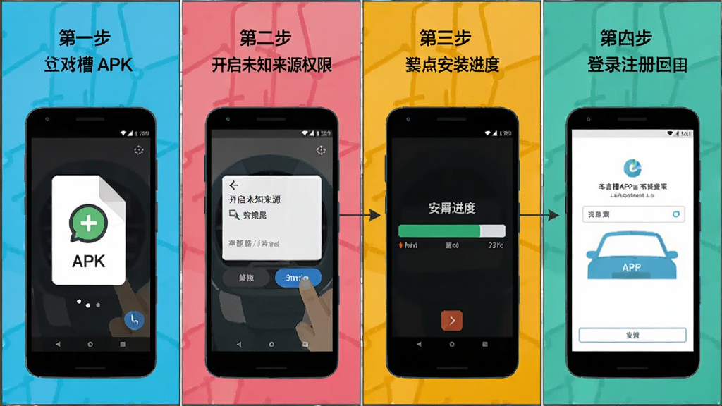 车言槽APP在安卓手机上的安装与设置流程示意图,画面分为四个步骤,第一步展示下载APK文件,第二步展示开启未知来源权限,第三步展示安装进度条,第四步展示登录注册界面,每个步骤配有简洁的文字说明,整体布局为横向四格漫画风格,色彩明快,风格扁平化,画质高清,干净无多余元素。