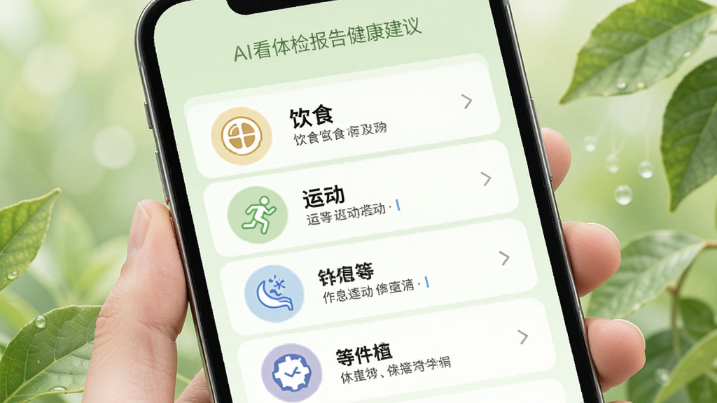 AI看体检报告健康建议页面展示,手机屏幕显示个性化健康建议列表,包含饮食、运动、作息等图标和文字说明,背景是淡绿色自然风格,画质清晰,干净,无多余元素