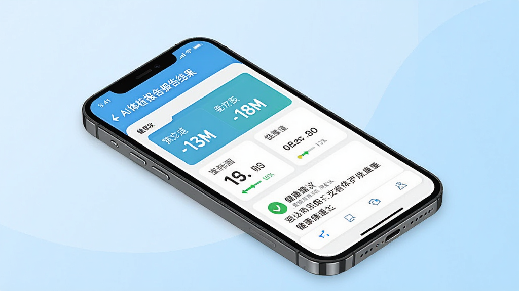 AI看体检报告应用主界面展示,画面中央是一部智能手机,屏幕上显示着体检报告分析结果页面,包含各项指标数据和健康建议,背景是干净的浅蓝色渐变,风格简洁现代,画质清晰,干净,无多余元素