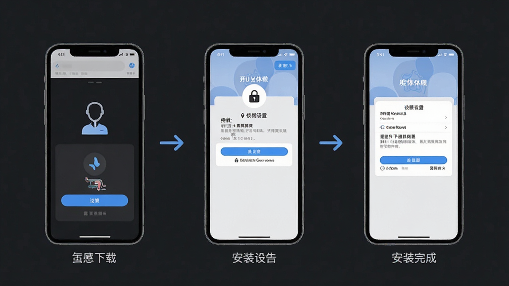 AI看体检报告手机安装操作步骤示意图,画面展示手机屏幕从下载到安装完成的流程,包含权限设置界面,风格简洁明了,画质清晰,干净,无多余元素