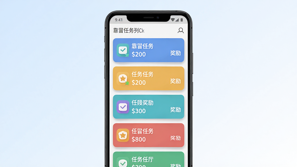 靠冒软件任务大厅界面展示图,主体为一部安卓手机,屏幕中显示靠冒任务列表页面,多个彩色任务卡片纵向排列,每张卡片上有图标、标题和奖励数字。布局为手机居中放置,背景为淡淡的蓝白渐变,风格为现代扁平化设计,细节包括卡片边缘的微小阴影和顶部状态栏,画质高清,干净,无多余元素。