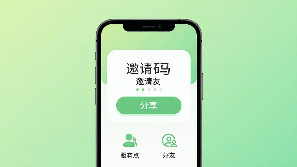 靠冒软件邀请好友页面示意图,画面展示一部手机屏幕,屏幕中有邀请码、分享按钮和好友列表图标。布局为手机正面展示,背景为清新的浅绿色渐变,风格为简约扁平化设计,细节包括按钮的圆角处理和图标线条,画质清晰,干净,无多余元素。