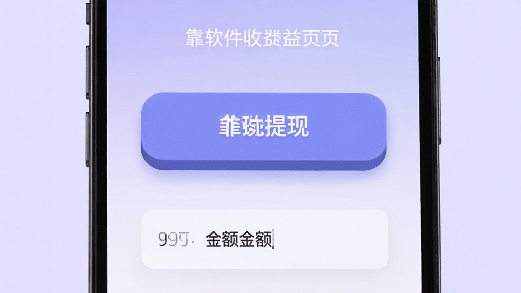 靠冒软件收益提现页面示意图,画面为一部手机屏幕特写,屏幕中显示提现按钮和金额输入框,背景为浅紫色渐变,风格为现代UI展示,细节包括按钮的立体感和数字字体,画质清晰,干净,无多余元素。