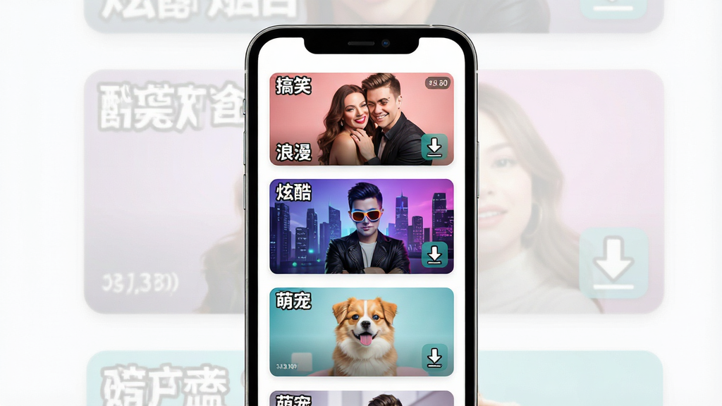 一幅展示酷炫来电秀素材库的AI生成图,主体为手机屏幕内呈现瀑布流式视频封面墙,封面包含