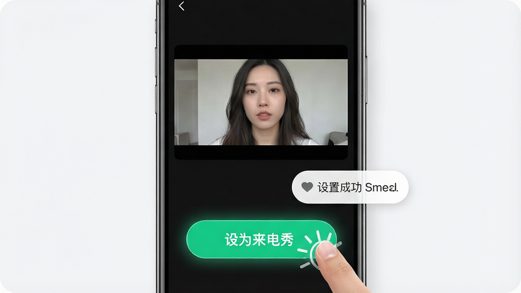 一张展示酷炫来电秀一键设置功能的AI生成图,主体为手机屏幕显示视频预览画面,画面下方有一个醒目的