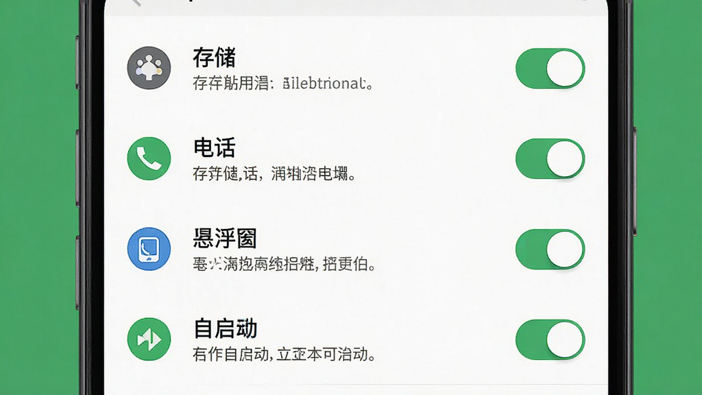 一张展示酷炫来电秀权限设置引导页的AI生成图,主体为手机屏幕显示权限列表,包括存储、电话、悬浮窗、自启动等开关项,布局为纵向列表,风格为系统设置页面的扁平化设计,细节包括权限图标、开关按钮、提示文字,画质高清,干净整洁,无多余元素